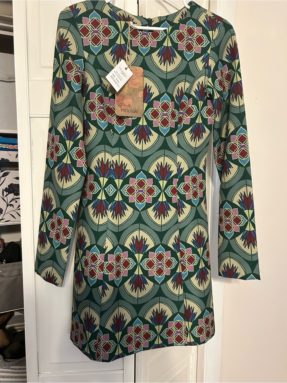 Moutaki Green Geometric-Print Long Sleeve Dress